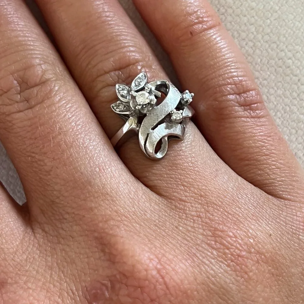 Antique Art Deco 14k White Gold Diamond Cocktail Ring Vintage Size 6 - Picture 4 of 7